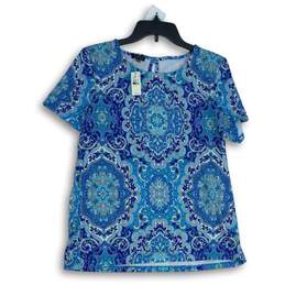 NWT Talbots Womens Blue Abstract Round Neck Short Sleeve Blouse Top Size Large