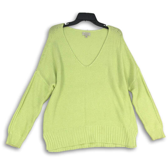 Womens Green Knitted Long Sleeve V-Neck Regular Fit Pullover Sweater Size L image number 1