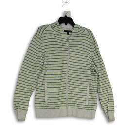 Womens Green Gray Striped Hooded Long Sleeve Full-Zip Cardigan Sweater Sz L