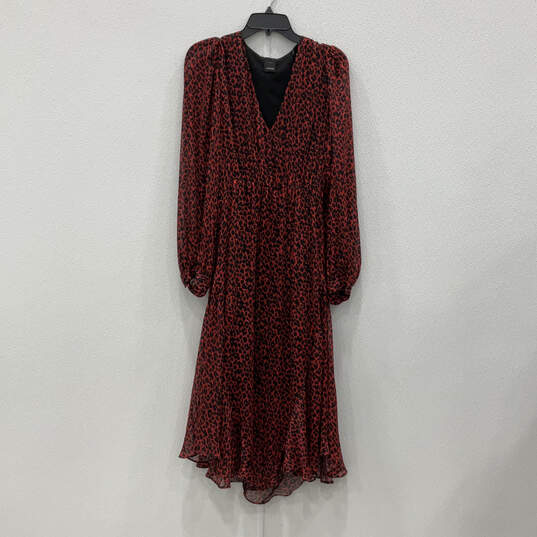 Womens Red Black Leopard Print Long Sleeve V-Neck Fit & Flare Dress Size 8 image number 1
