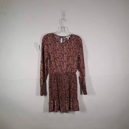 NWT Womens Floral Round Neck Long Sleeve Shirred Short Mini Dress Size 4 image number 1