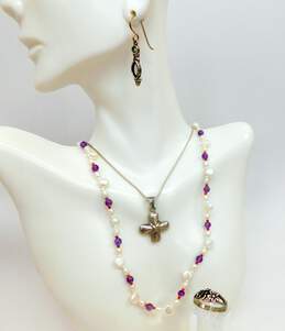 Artisan 925 Sterling Silver Amethyst Pearl & Peridot Multi Stone Earrings Necklaces & Ring 20.4g
