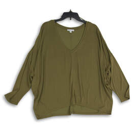 Womens Green V-Neck Oversized Cropped Pullover T-Shirt Size 2X