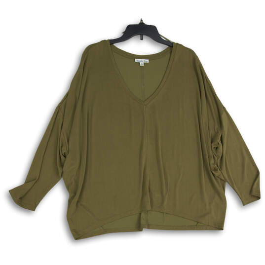 Womens Green V-Neck Oversized Cropped Pullover T-Shirt Size 2X image number 1