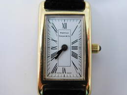 Vintage Portfolio by Tiffany & Co Swiss Made Gold Tone & Leather Band 3 Jewels Women's Dress Watch 14.3g
