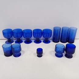 13pc. Assorted Mid-Century Blue Glass Drinkware Set