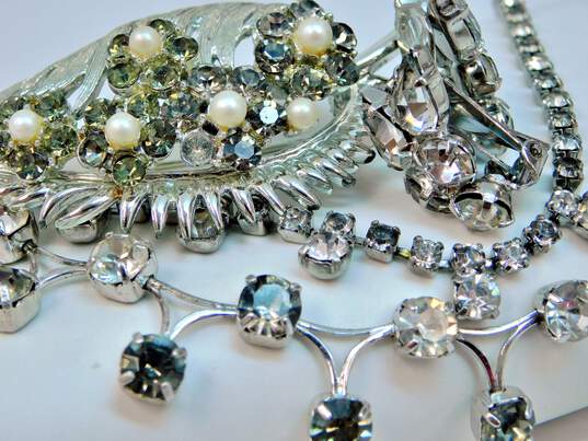 Vintage Icy & Smoky Rhinestone Silver Tone Necklaces & Clip On Earrings & Faux Pearl Leaf Rhinestone Brooch 62.3g image number 1