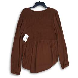 NWT Sonoma Womens Brown Smocked Long Sleeve V-Neck Pullover Blouse Top Size L alternative image