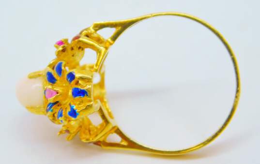 18K Gold Pink Spinel Accents Cabochon Blue & Red Enamel Flowers Statement Ring For Repair 5.0g image number 3