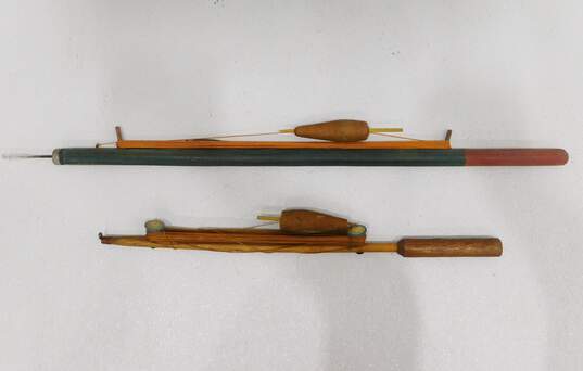 (2) Vintage Wooden Ice Fishing Poles Sticks Jigs w/ Bobbers image number 2