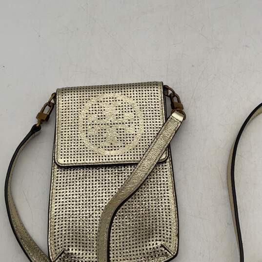 Tory Burch Womens Gold Leather Adjustable Strap Outer Pocket Crossbody Bag image number 2