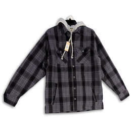 NWT Mens Gray Black Plaid Long Sleeve Hooded Button Front Jacket Size M