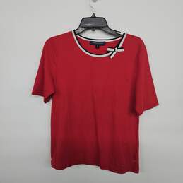 Bowed Scoop Neck Red Short Sleeve Blouse