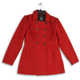 Womens Red Ruffle Long Sleeve Double-Breasted Collared Peacoat Size Large