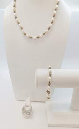 Romantic Sterling Silver Pearl & Beaded Necklace & Bracelet w/ Abstract Cubic Zirconia Ring 39.0g