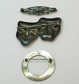 Artisan 925 Onyx & Rhinestones Art Deco Pointed Happy & Sad Drama Masks & Etched Open Circle Brooches Variety 25.1g alternative image