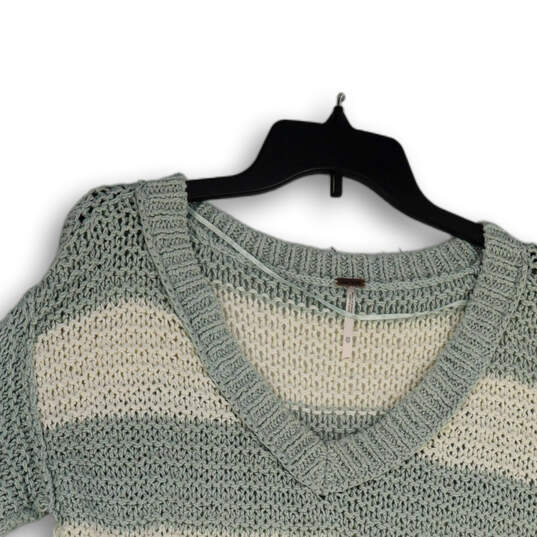 Womens White Green Knitted Striped V-Neck 3/4 Sleeve Pullover Sweater Sz XS image number 1