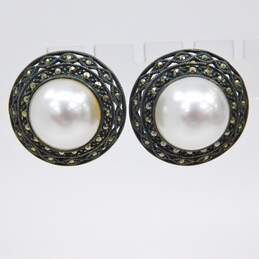 Judith Jack Sterling Silver Marcasite Faux Pearl Dome Earrings 16.6g alternative image