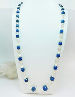 Vintage Sterling 925 Faceted Blue & Clear Quartz & White Faux Pearls Beaded Graduated Statement Necklace 126.2g