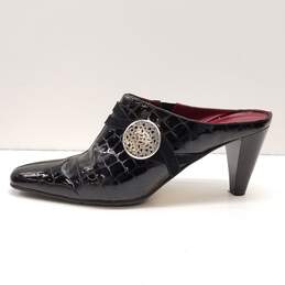 Brighton Romeo Black Patent Leather Croc Embossed Mule Heels Shoes Size 8.5 M