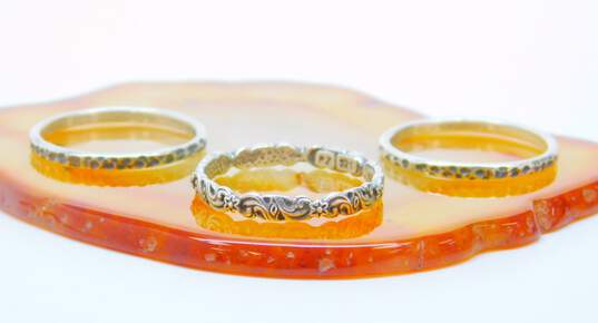 Or Paz Israel 925 & Vermeil Granulated Hammered Twisted & Floral Stacking Band Rings Set 6.8g image number 2