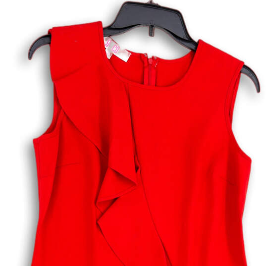 Womens Red Ruffle Round Neck Sleeveless Back Zip Sheath Dress Size 4 image number 3