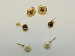 14K Yellow Gold Onyx Pearl & Filigree Heart Stud Earrings 1.8g