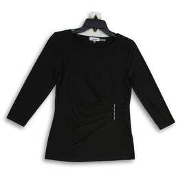 Womens Black Long Sleeve Round Neck Side Ruched Pullover Blouse Top Size XS