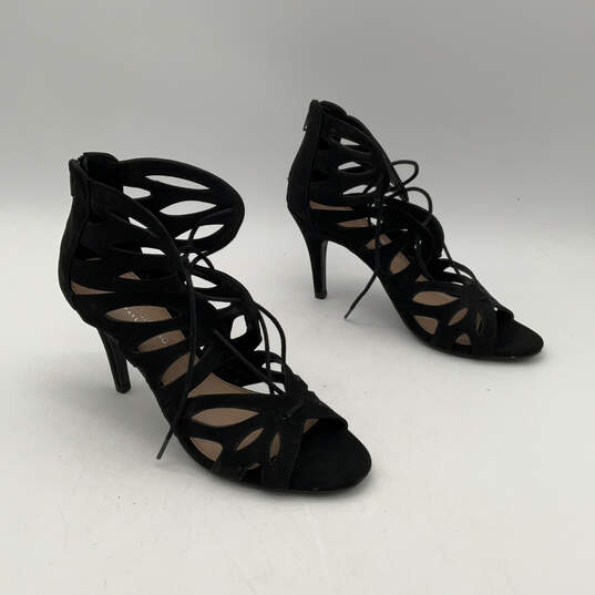 Womens Black Suede Open Toe Tie Up Stiletto Heels Strappy Sandals Size 8.5 image number 1