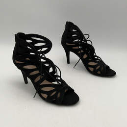 Womens Black Suede Open Toe Tie Up Stiletto Heels Strappy Sandals Size 8.5