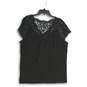 Womens Black Lace Floral Short Sleeve V-Neck Pullover Blouse Top Size 1 image number 2