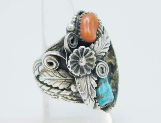 Artisan 925 Sterling Silver Coral & Turquoise Feather Scrolled Statement Ring For Repair 15.2g image number 3