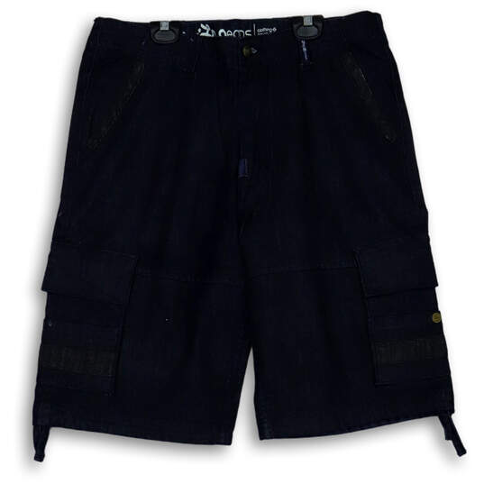 Mens Black Flat Front Slash Pockets Dark Wash Casual Cargo Shorts Size 36 image number 1