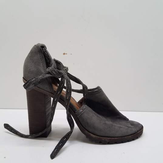 FRYE Suzie Gray Suede Ankle Wrap Strap Peep Toe Block Heels Shoes Size 8 M image number 1