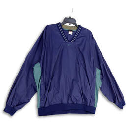 Mens Blue Long Sleeve V-Neck Pockets Pullover Windbreaker Jacket Size XL