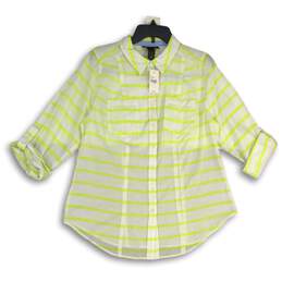 NWT Womens White Green Striped Collared Long Sleeve Button-Up Shirt Size 14
