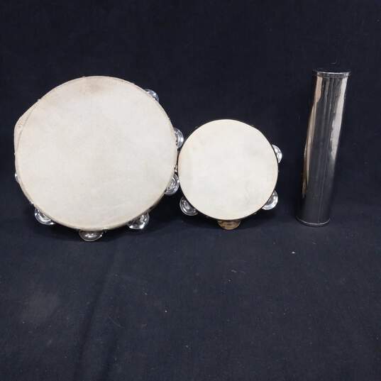 Bundle of 2 Tambourines & 1 Silver Sand Shaker Maraca image number 1