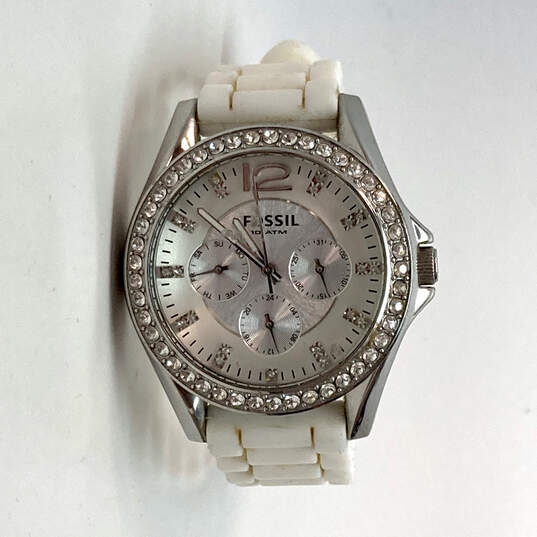 Designer Fossil ES2344 White Strap Rhinestone Analog Dial Quartz Wristwatch image number 1