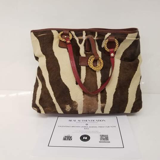 Valentino Zebra Hide Brown & Cream Tote Bag Authenticated image number 1