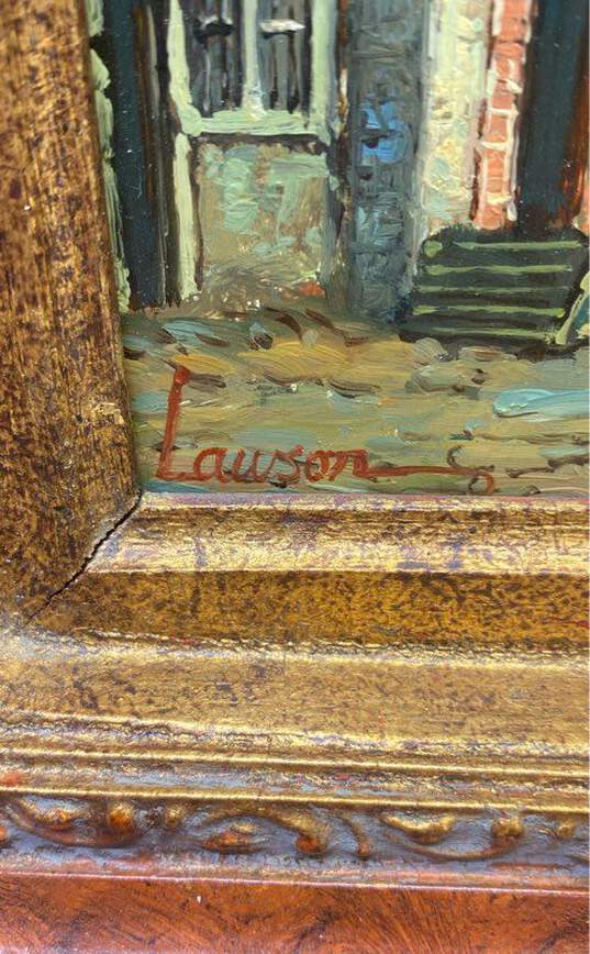 Original Cobblestone Village Scene Oil on Board by Lawson Signed. Framed image number 4