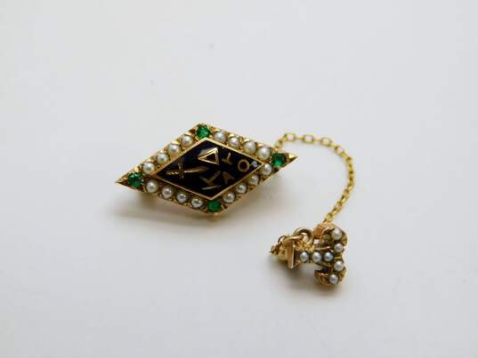 VNTG Sorority Kappa Delta 10K Yellow Gold Seed Pearl & Emerald Pin 3.8g image number 1