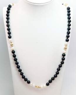 VTG 14K Yellow Gold Clasp & Ball Black Glass & Pearls Beaded Necklace 57.9g