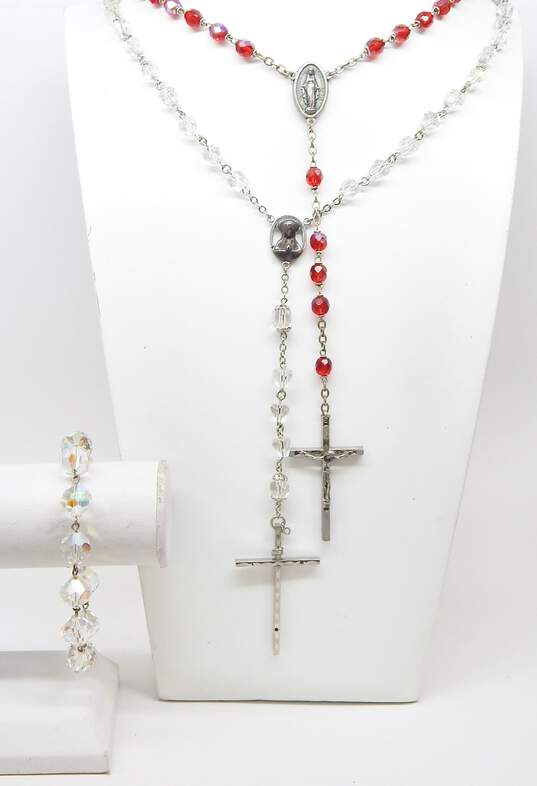 Vintage Silvertone Red & Clear Aurora Borealis Crystals Beaded Crucifix Cross Rosary Necklaces 122.2g image number 1