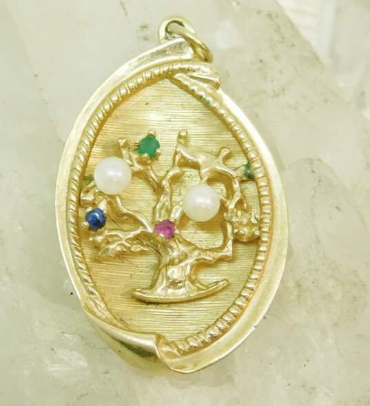 Vintage 14K Yellow Gold Sapphire Pearl Emerald & Ruby Family Tree Pendant 8.3g image number 6