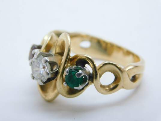 Vintage 14K Yellow Gold 0.56 CT Round Diamond Emerald Garnet Freeform Ring 7.0g image number 1