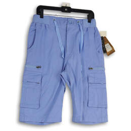 NWT Mens Blue Flat Front Elastic Waist Flap Pocket Drawstring Cargo Shorts Size M