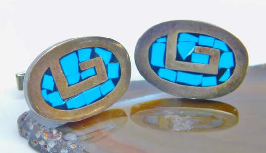 Artisan Mexico 925 Modernist Faux Turquoise Black Enamel Inlay Greek Key Oval Cuff Links 17.8g image number 1