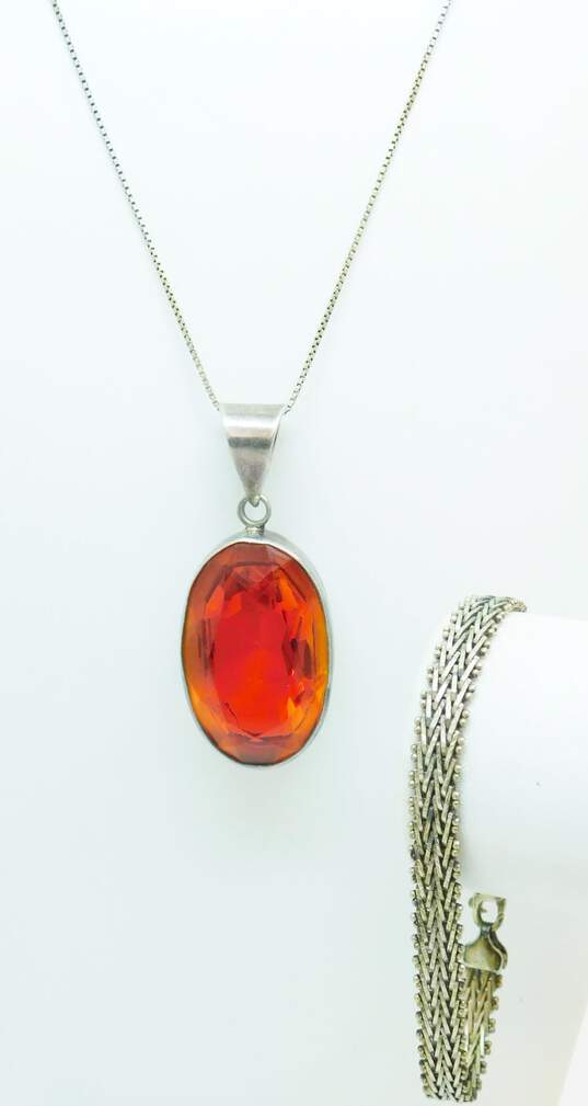 ATI Mexico & Artisan 925 Red & Orange Faceted Glass Oval Statement Pendant Necklace & Chevron Chain Bracelet 37.4g image number 1