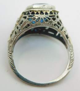 Antique 14k White Gold Filigree Emerald Cut Blue CZ Ring 2.9g alternative image
