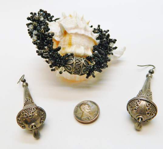 Artisan 925 Bali Style Circles & Granulated Cone Orb & Teardrop Drop Earrings & Black Crystal Star & Stamped Beaded Toggle Bracelet 56.7g image number 4